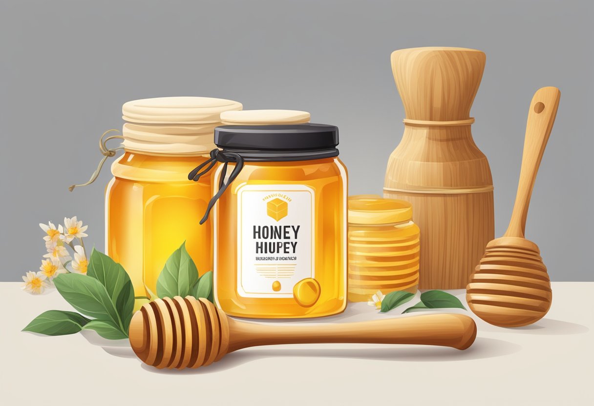 A jar of honey with a wooden scoop next to it, surrounded by various corporate gift options