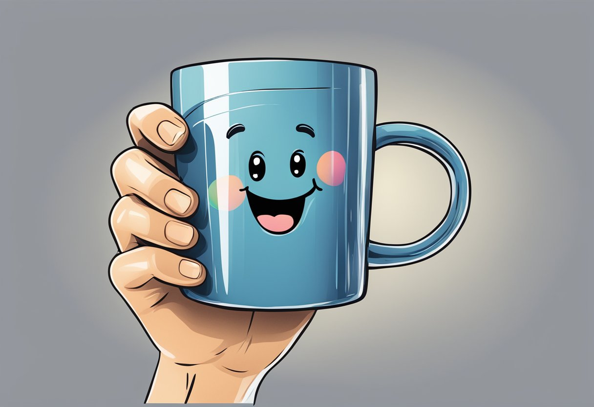A hand reaches out, presenting a branded mug with a smile
