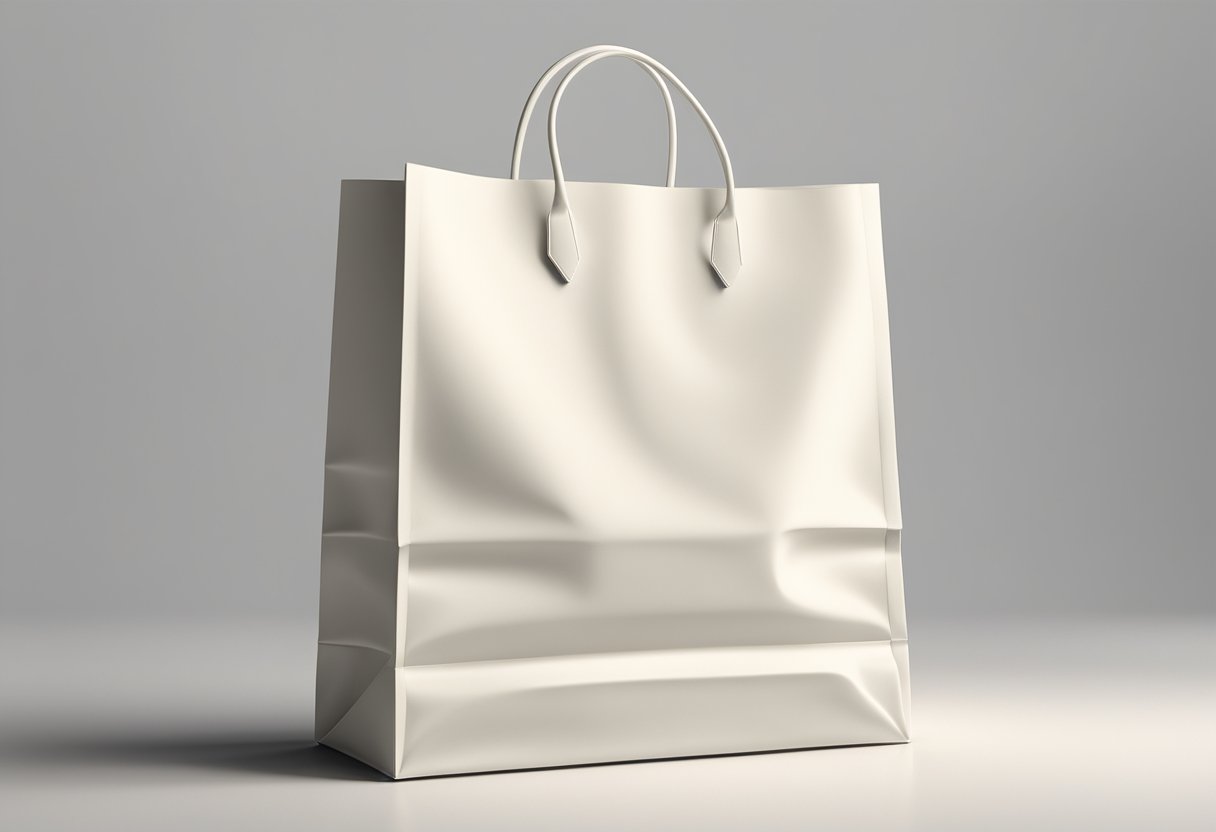 A pristine ivory paper bag sits on a clean, white surface, its smooth surface catching the light