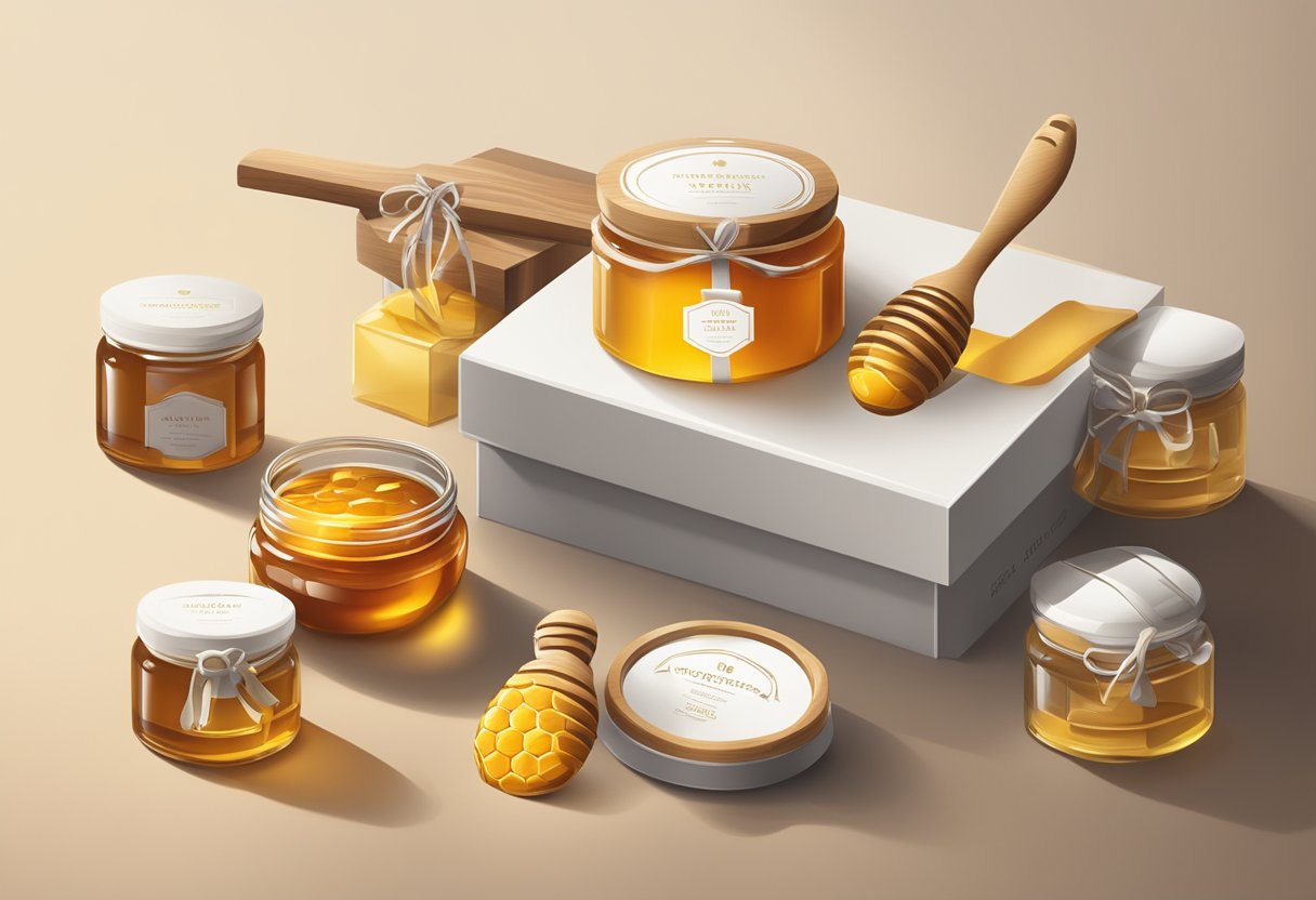 A corporate gift box with jars of honey and a wooden scoop arranged on a sleek, modern table