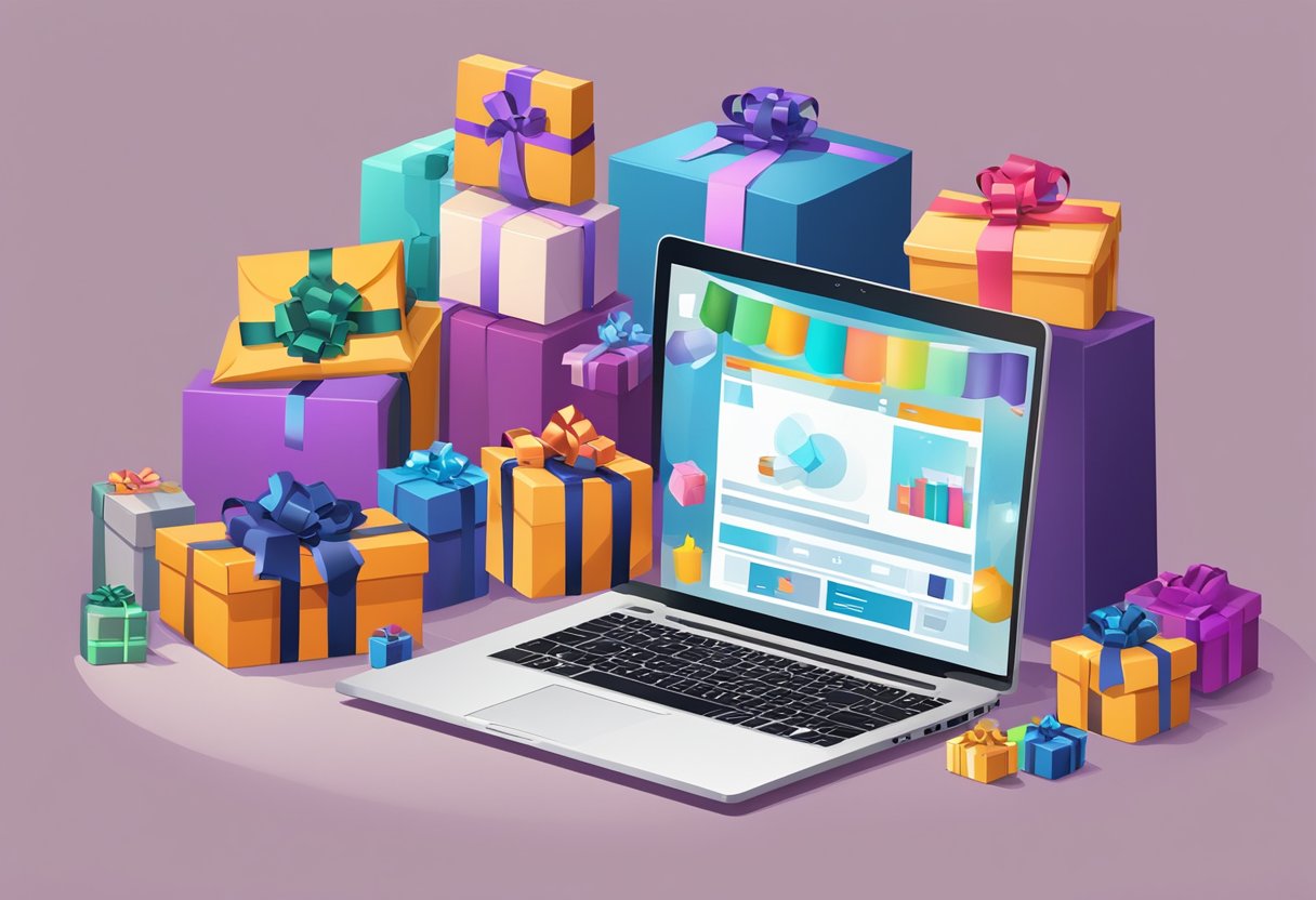 A laptop displaying a variety of corporate gifts on an online store, surrounded by festive packaging and a stack of shipping boxes