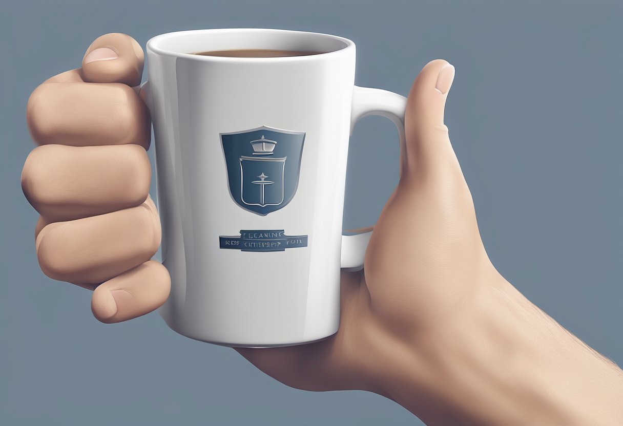 A hand reaches out, offering a mug as a corporate gift. The mug symbolizes appreciation and a lasting impact on the recipient