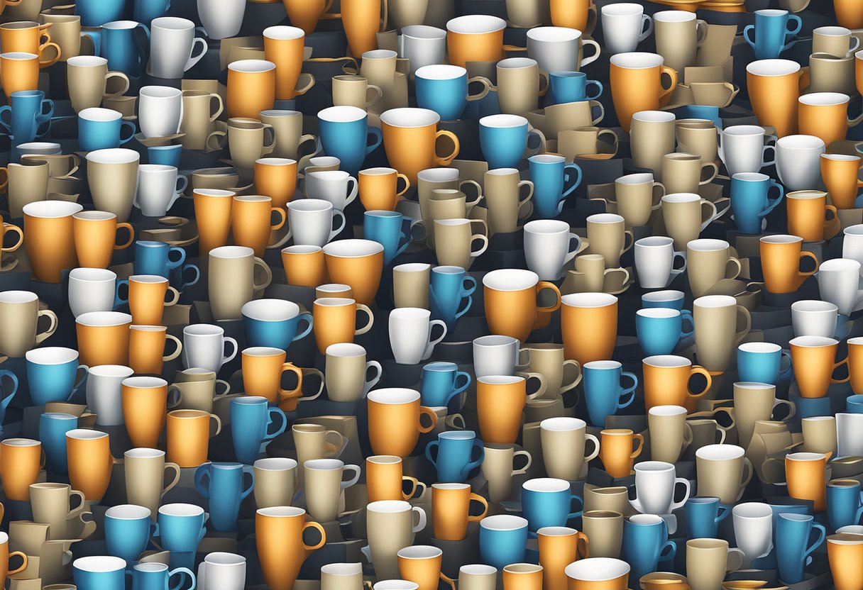 A table with various custom-designed mugs stacked in rows, surrounded by packaging materials and shipping boxes