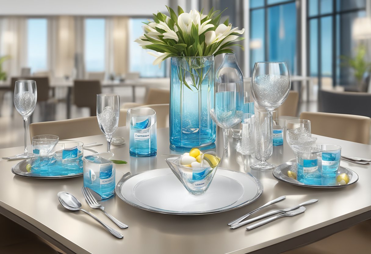 A table adorned with corporate gifts glassware, neatly arranged with branded logos and elegant designs