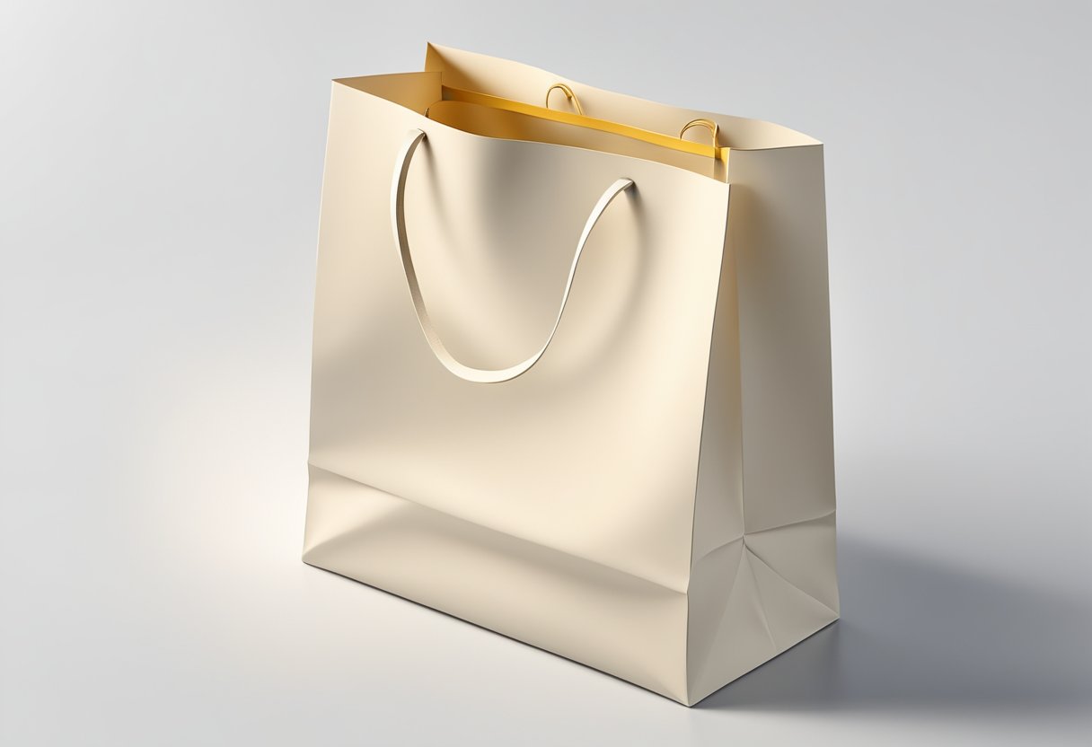 An ivory paper bag sits on a clean, white surface, its smooth texture and crisp edges catching the light