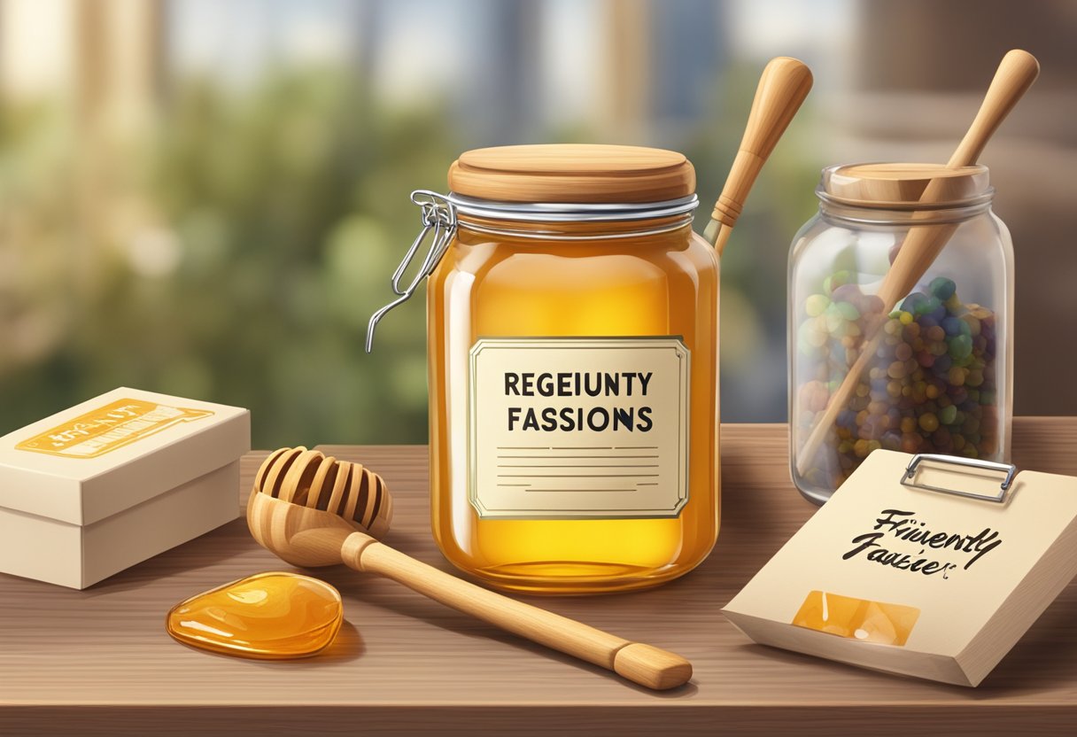 A jar of honey with a wooden scoop, surrounded by corporate gift items, with a "Frequently Asked Questions" sign in the background
