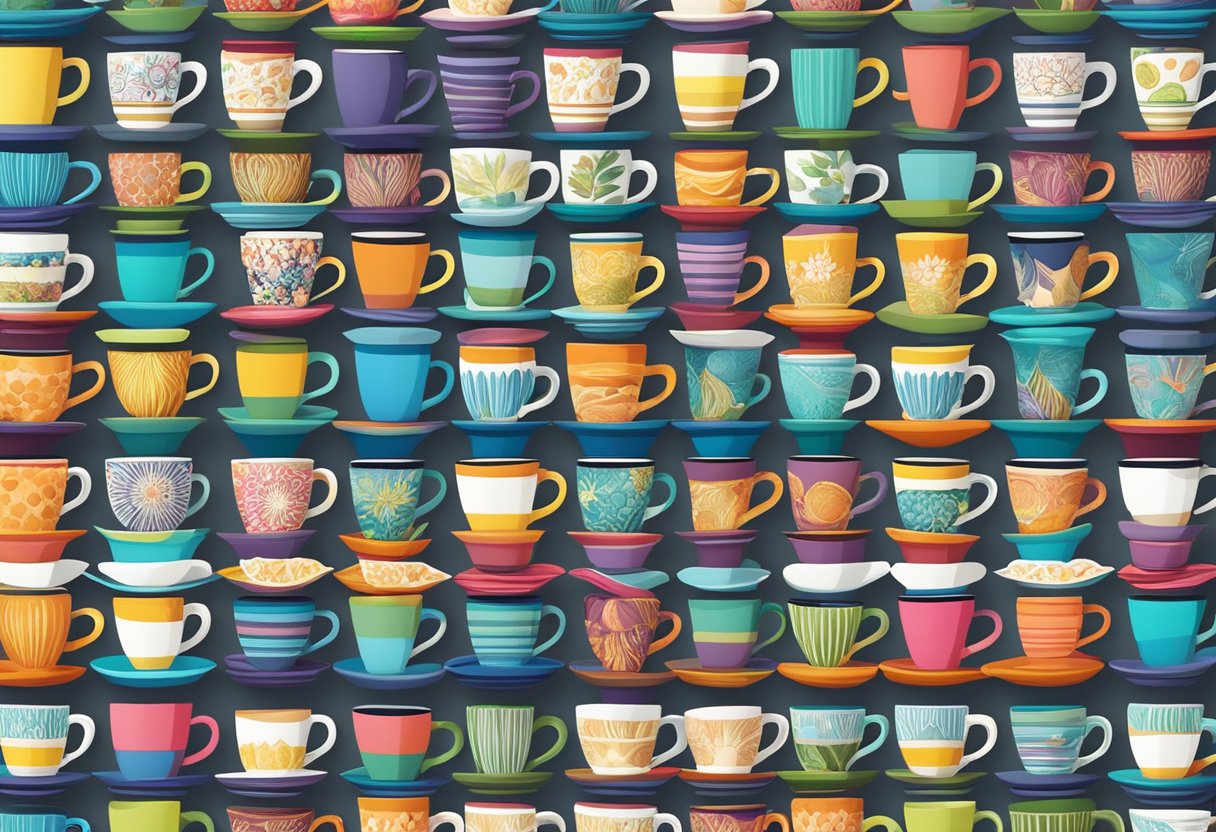 A table lined with rows of colorful custom mugs, stacked in neat piles, with a variety of designs and patterns on display