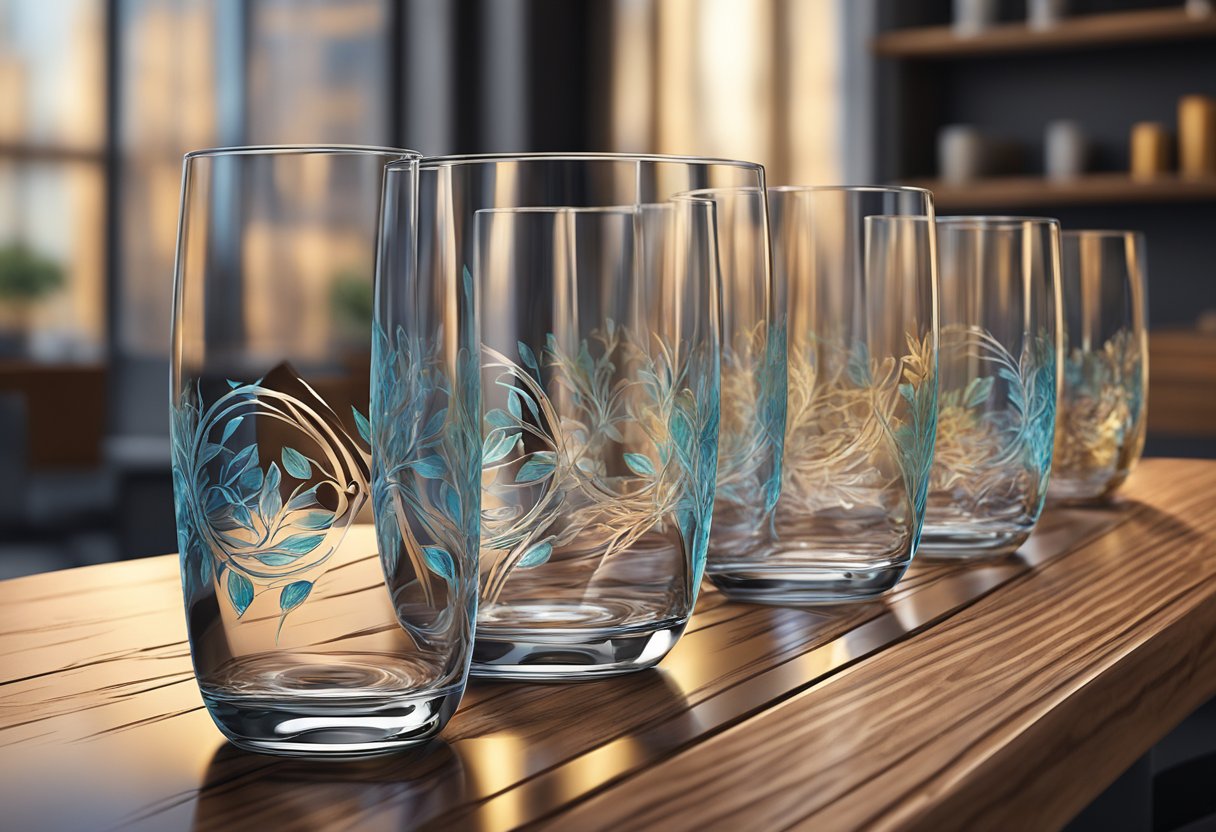 A hand reaches for a sleek, modern glassware set displayed on a polished wooden table, with a company logo subtly etched onto each piece