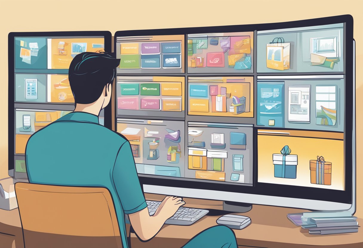A person browsing through a variety of corporate gifts displayed on a computer screen, with a range of options and categories to choose from