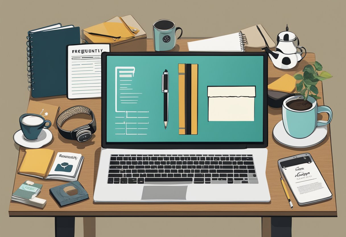 A table filled with trendy corporate gifts, including artisanal coffee, stylish notebooks, and unique tech accessories. A sign reading "Frequently Asked Questions hipster corporate gifts" hangs above