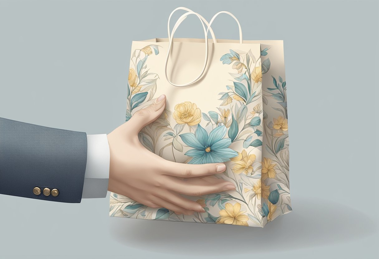 A hand reaches into an ivory paper bag, pulling out a gift. The bag is adorned with elegant designs, hinting at its use for special occasions