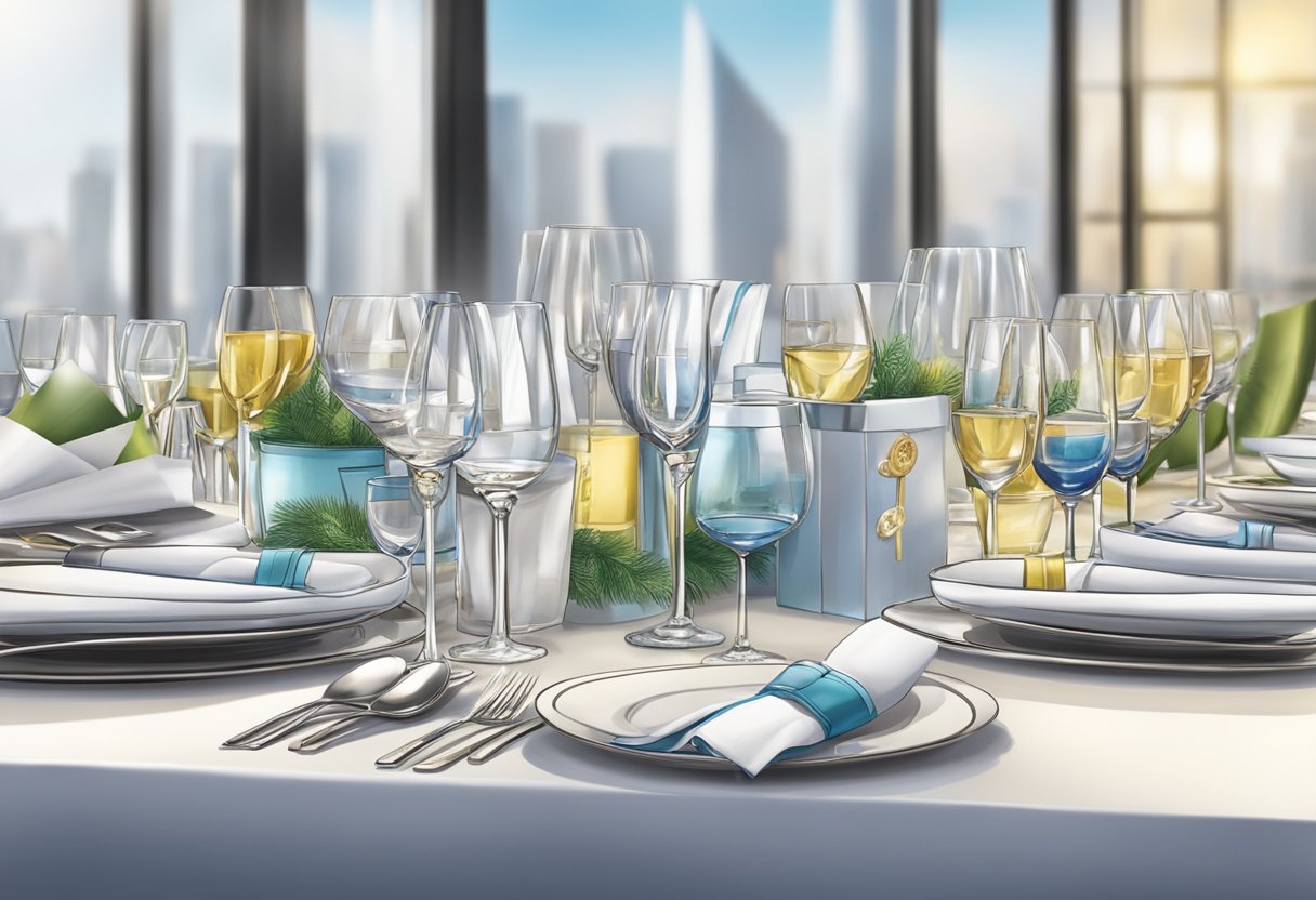 A table adorned with elegant corporate gifts, including branded glassware, arranged for a business event