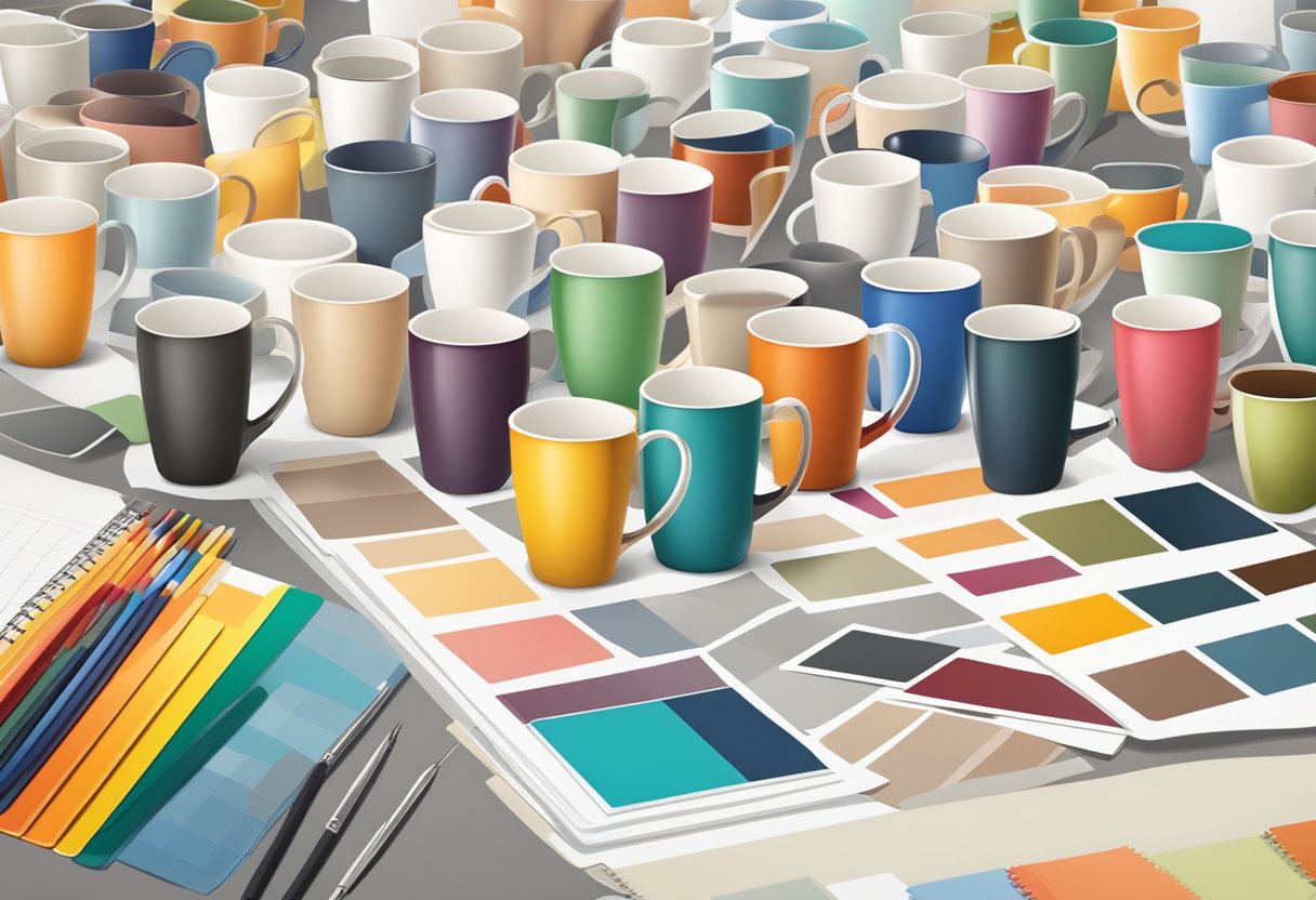A table with rows of blank mugs, surrounded by design tools and color swatches