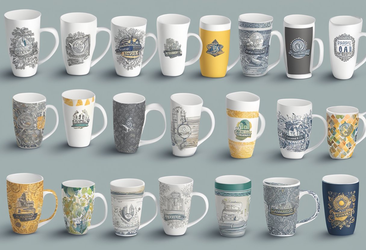 A stack of custom mugs in various colors and designs, with a "Frequently Asked Questions" label