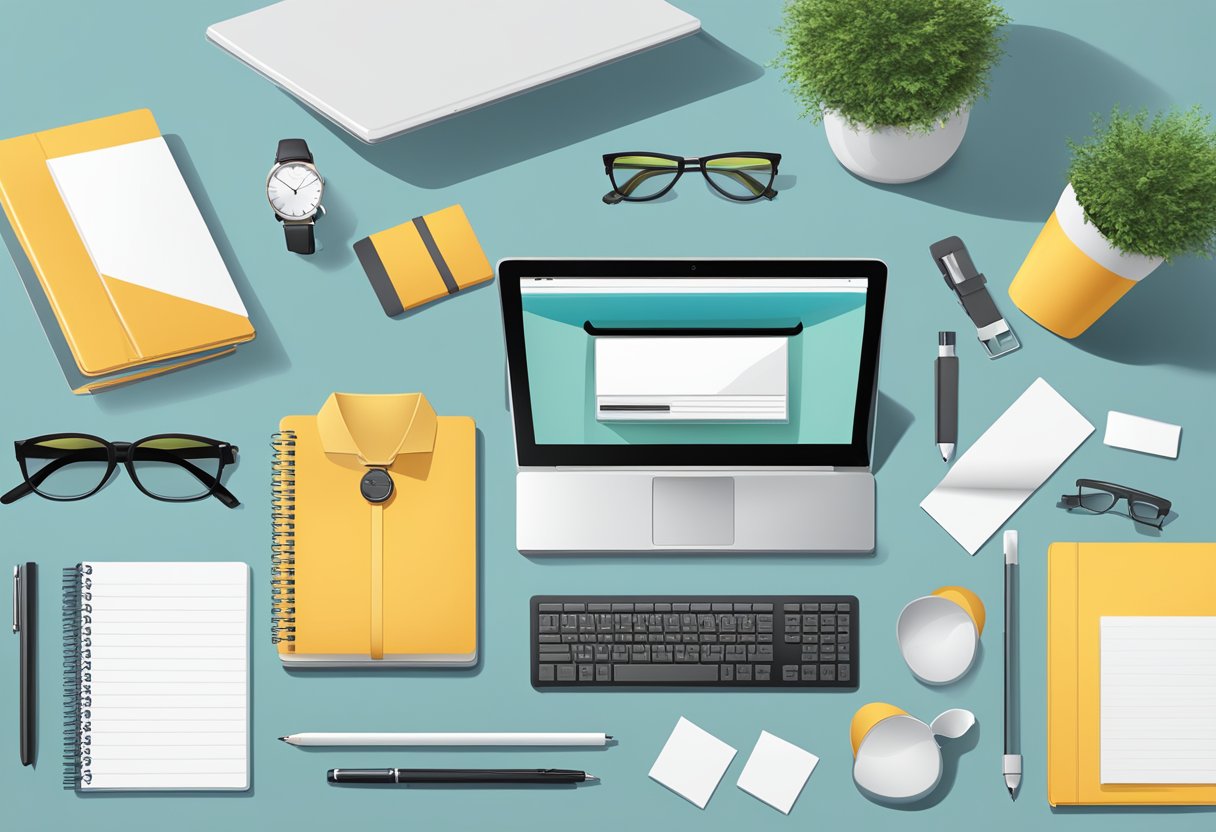 A modern office desk with a sleek laptop, branded stationery, and a gift box filled with high-quality corporate gifts