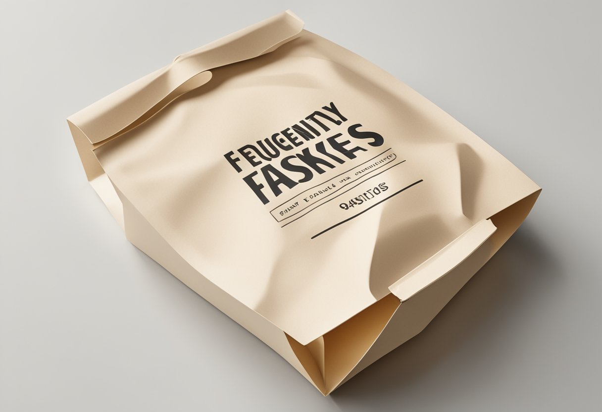 An ivory paper bag with "Frequently Asked Questions" printed on it, sitting on a clean, white surface with soft, natural lighting