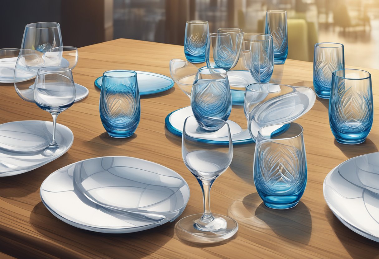 A table with various glassware corporate gifts displayed, including mugs, tumblers, and wine glasses. The logo of the company is elegantly etched onto each item