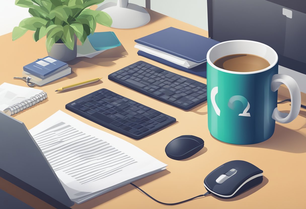 A mug with a company logo sits on a desk, surrounded by a stack of papers and a computer. A ribbon and a tag with "Frequently Asked Questions" are attached to the mug