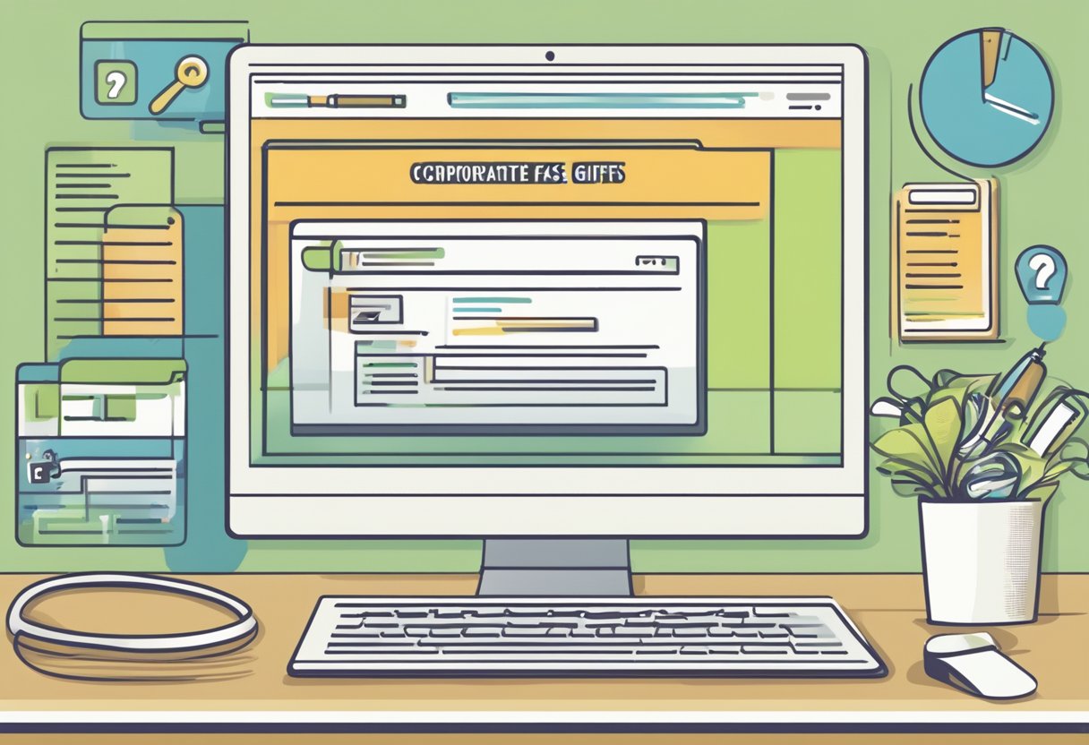 A computer screen displaying a website with "Frequently Asked Questions" and "Corporate Gifts Online" sections highlighted