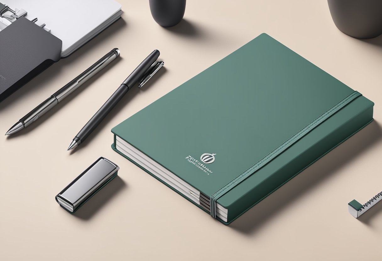 A stack of branded notebooks sits on a sleek corporate desk, surrounded by elegant pens and a logo-embossed gift box