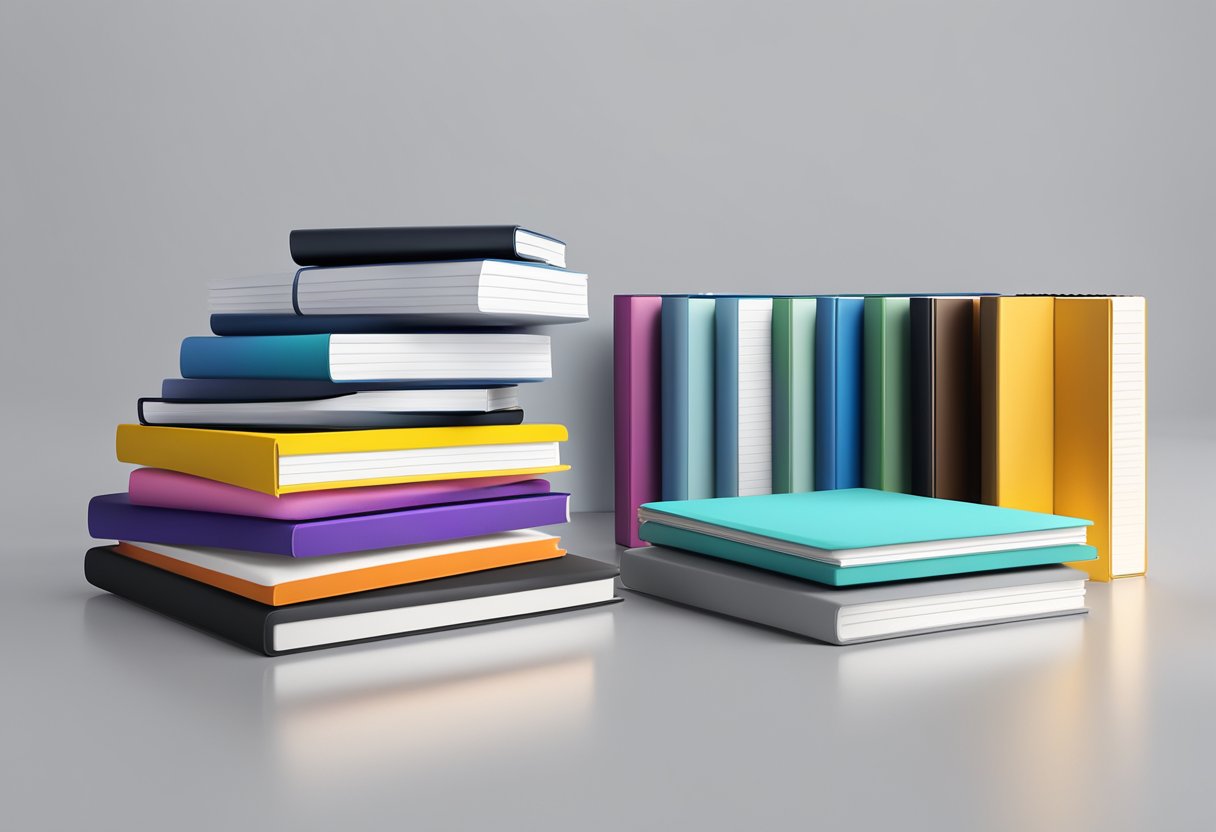 A sleek, modern office desk with a row of branded notebooks in various colors and designs, neatly stacked and ready to be chosen as corporate gifts