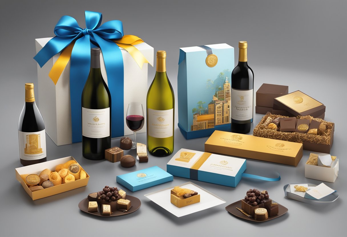 A table displays branded gift boxes and baskets with corporate logos and ribbons. A variety of items, such as wine, chocolates, and luxury goods, are neatly arranged