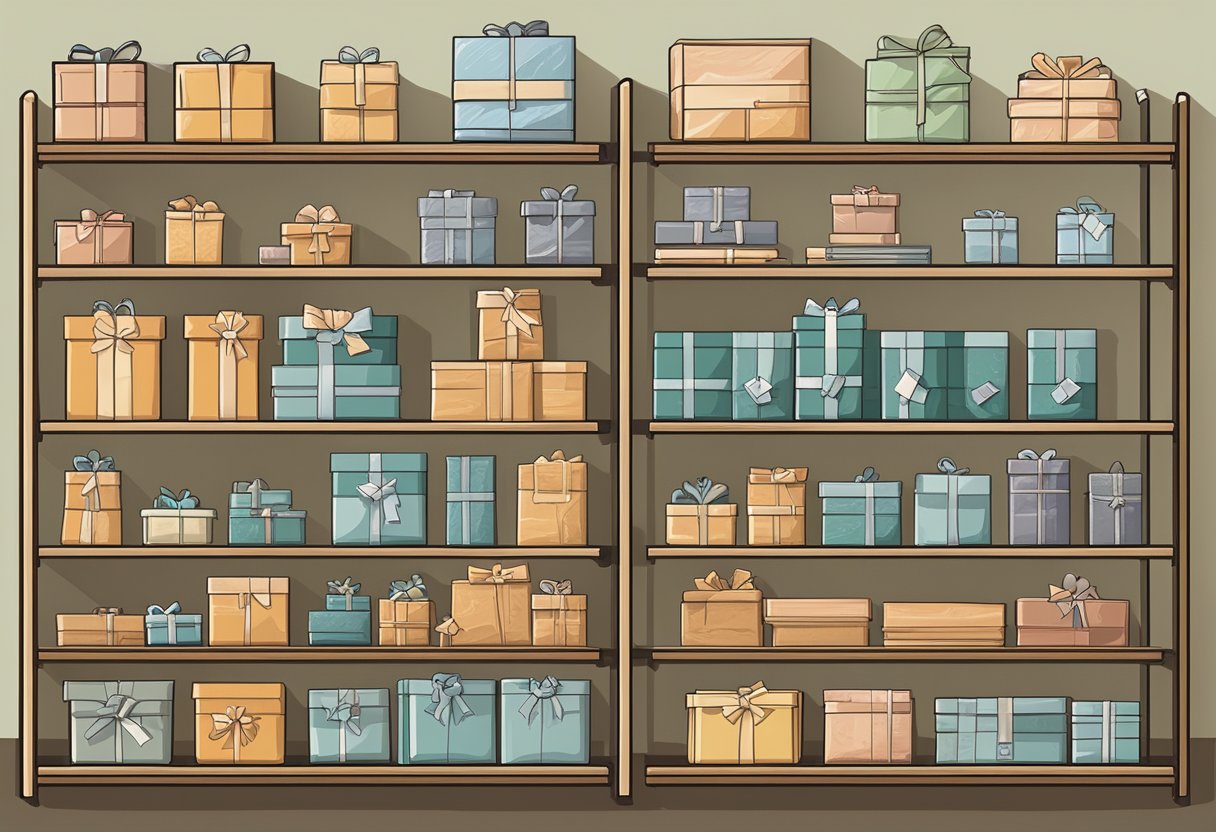 Various corporate gift categories are displayed on shelves with their respective weights labeled for easy reference