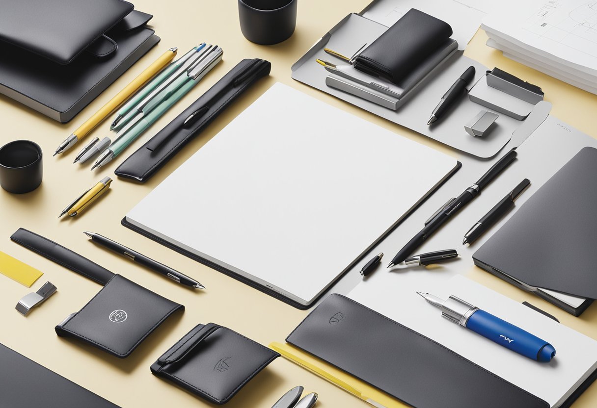A table displays various Lamy corporate gifts, including pens, notebooks, and leather accessories. The Lamy logo is prominently featured on each item