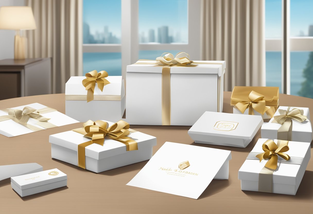 A table adorned with branded gift boxes, elegant ribbon, and personalized cards for corporate welcome gifts