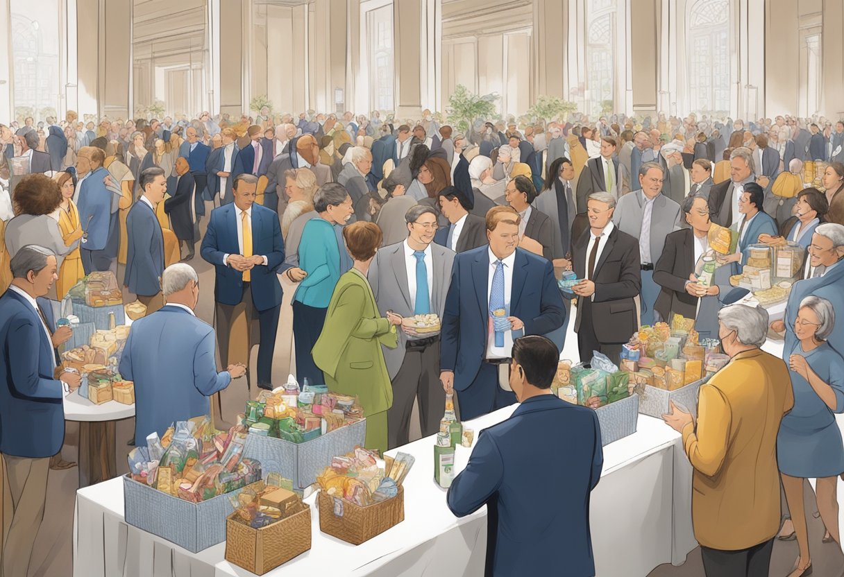 A table adorned with elegant gift baskets and branded merchandise, surrounded by congress attendees mingling and networking