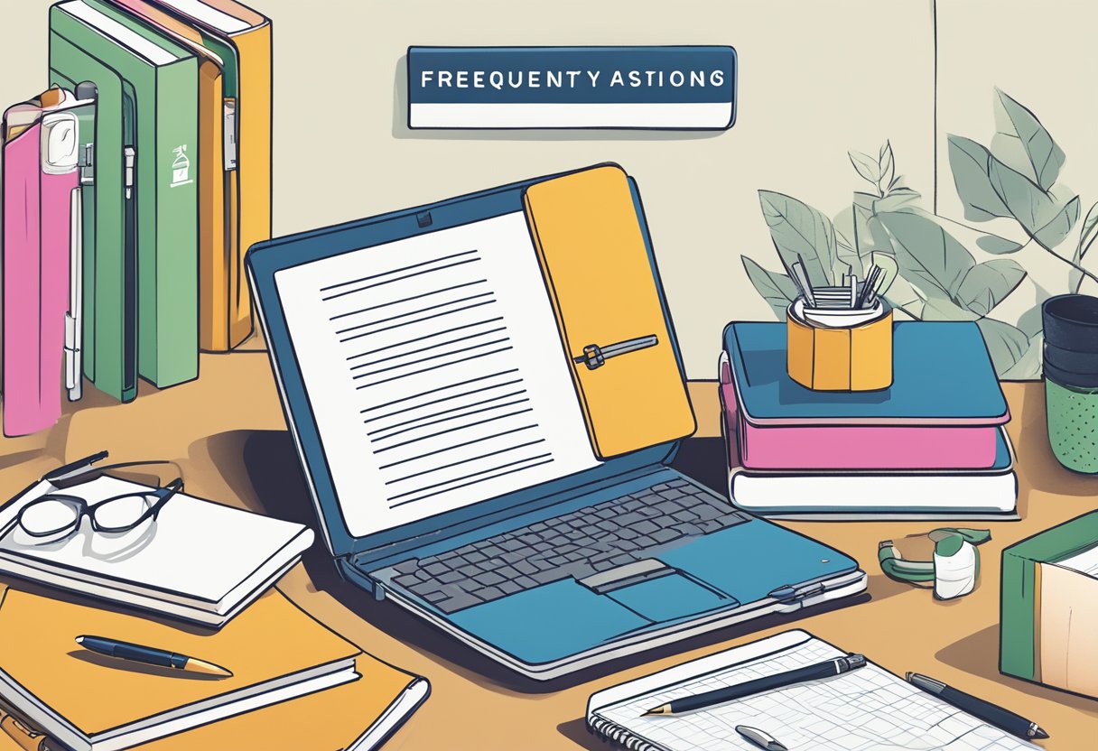 A stack of branded notebooks surrounded by various corporate gift items on a desk, with a "Frequently Asked Questions" sign displayed prominently