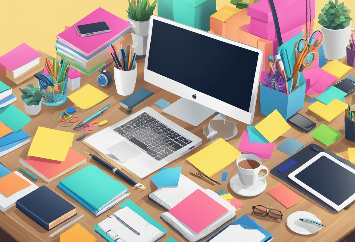 A desk cluttered with corporate gifts, surrounded by colorful sticky notes