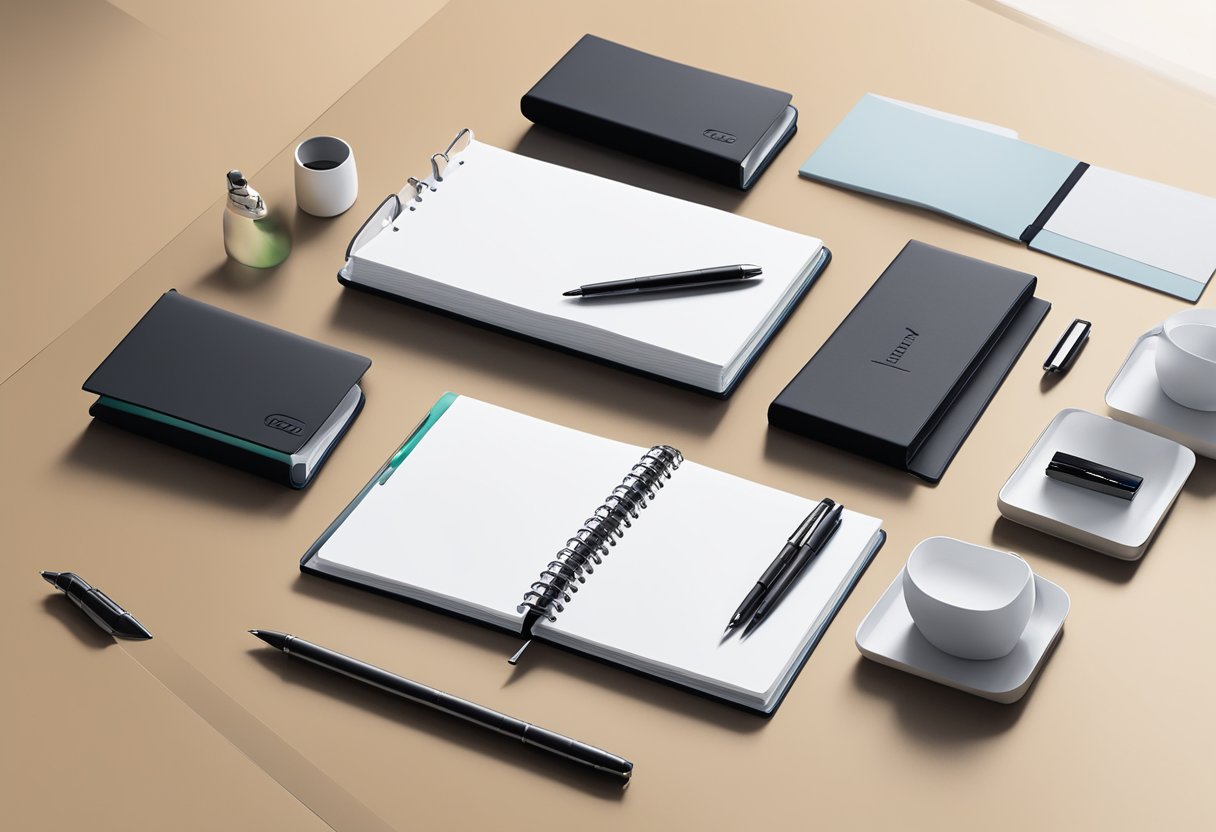 A sleek, modern office setting with Lamy-branded pens and notebooks neatly arranged on a conference table, ready for corporate gifting