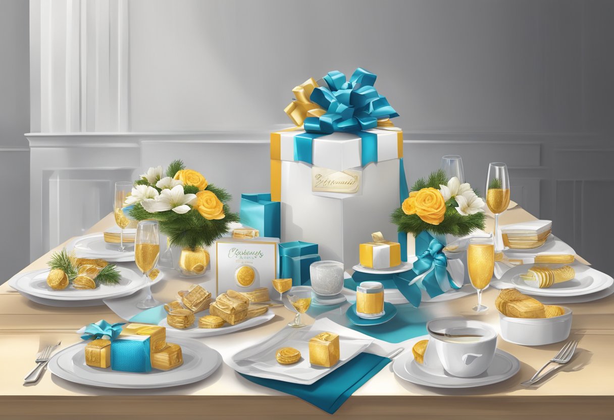 A table adorned with elegant corporate welcome gifts, arranged to maximize visual impact