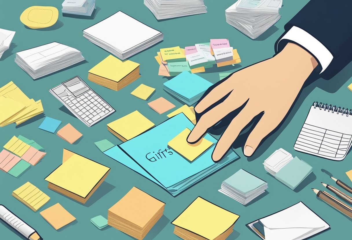 A hand reaches for a pile of sticky notes with "Corporate Gifts" written on them, surrounded by various office supplies