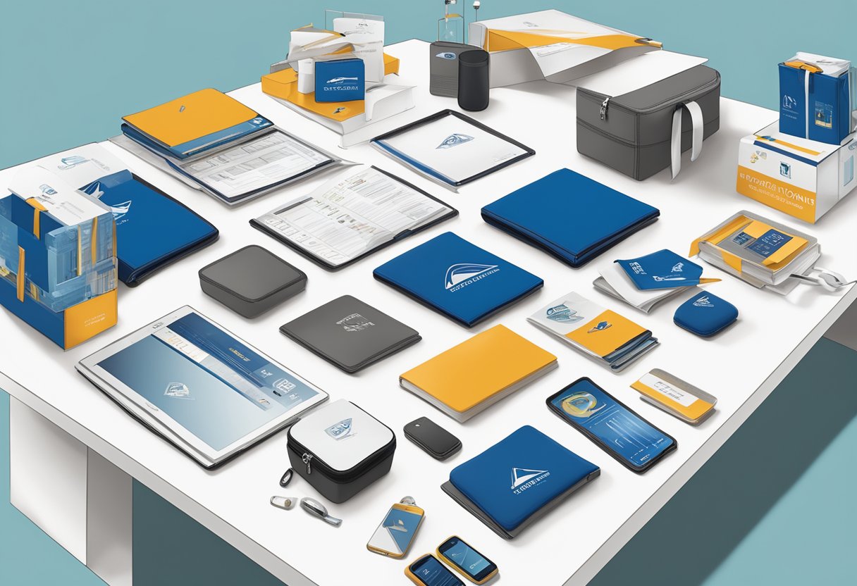 A table displays various high-quality corporate gifts for congress attendees. Items include branded merchandise, tech gadgets, and luxury accessories