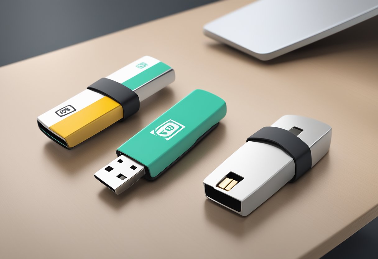 A sleek thumb drive with a corporate logo, wrapped in a bow and placed on a clean, modern desk
