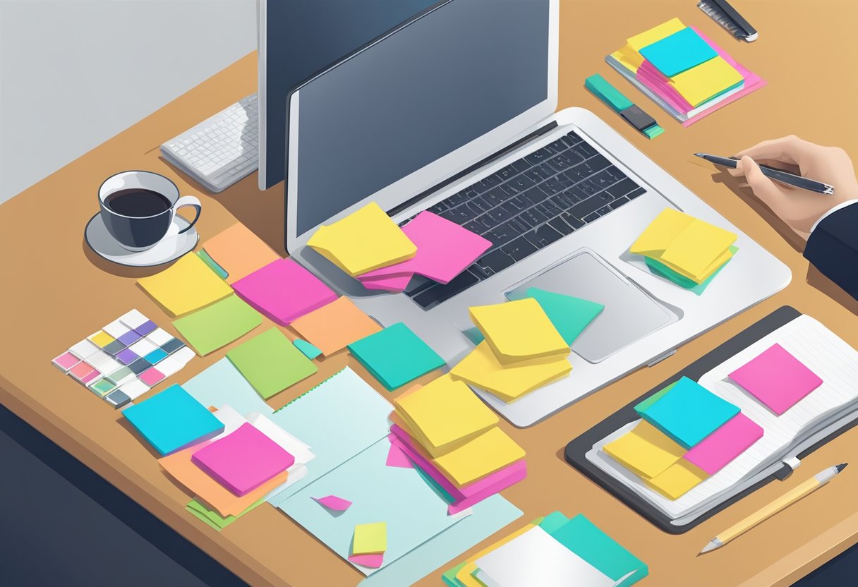 A hand reaches for a stack of colorful sticky notes with a company logo, displayed on a sleek desk with a laptop and office supplies