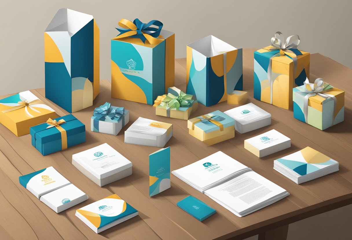 A table adorned with branded gift boxes and informational pamphlets for corporate welcome gifts