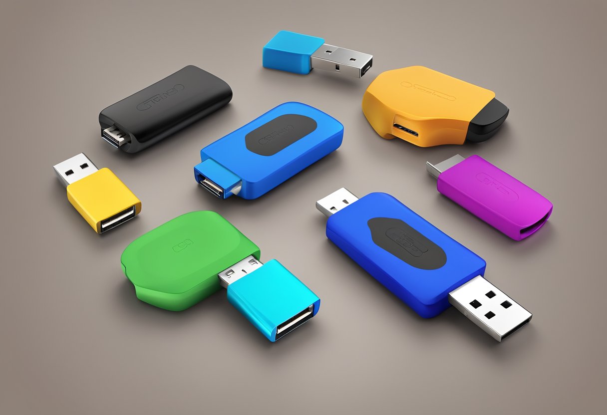 A table with various USB thumb drives in different shapes and colors, with a company logo engraved on them