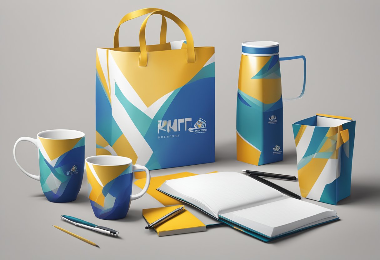 A table displays branded mugs, notebooks, and pens. A logoed gift bag sits nearby