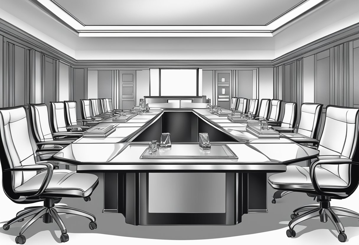 A sleek conference room table displays an array of luxurious corporate gifts, including branded leather portfolios, crystal paperweights, and engraved metal pens