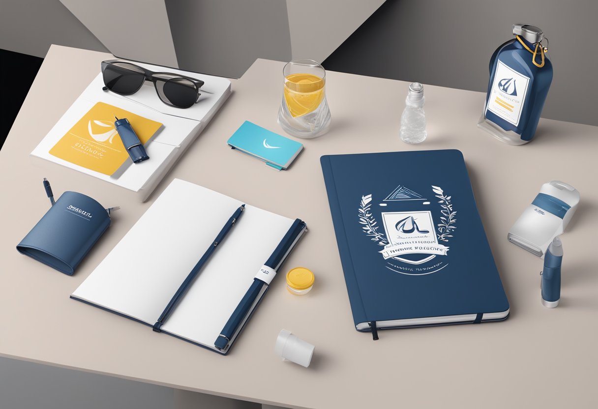 A table adorned with branded gift items: sleek notebooks, elegant pens, and stylish water bottles. A banner with the company logo hangs behind the display