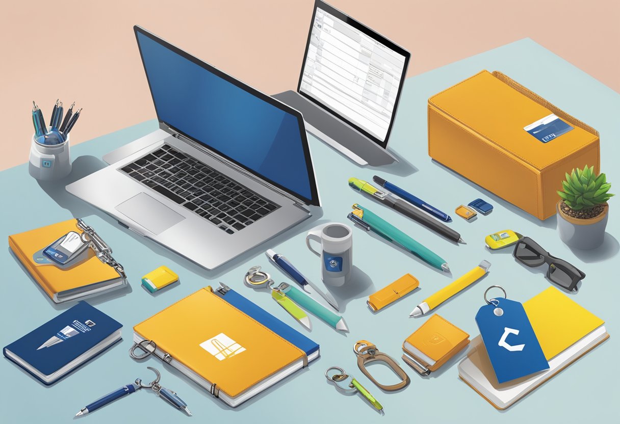 A table with various corporate gift items displayed, including pens, notebooks, and keychains. A sign with "Frequently Asked Questions lamy corporate gifts" is prominently featured