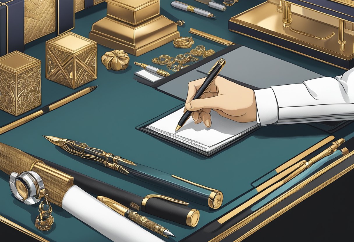 A hand reaches for a luxurious pen on a velvet-lined display, surrounded by high-end corporate gifts