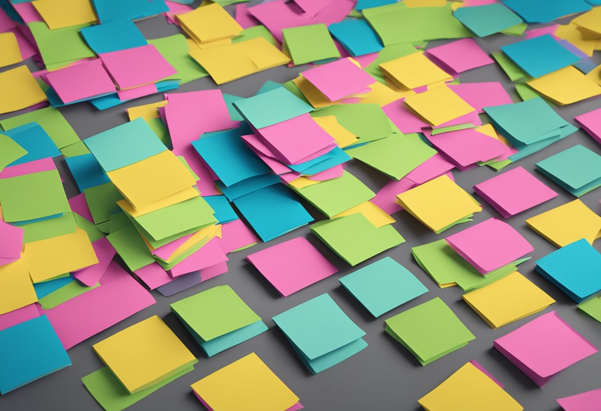 A stack of colorful sticky notes with "Frequently Asked Questions" printed on them, arranged neatly on a desk next to branded corporate gifts