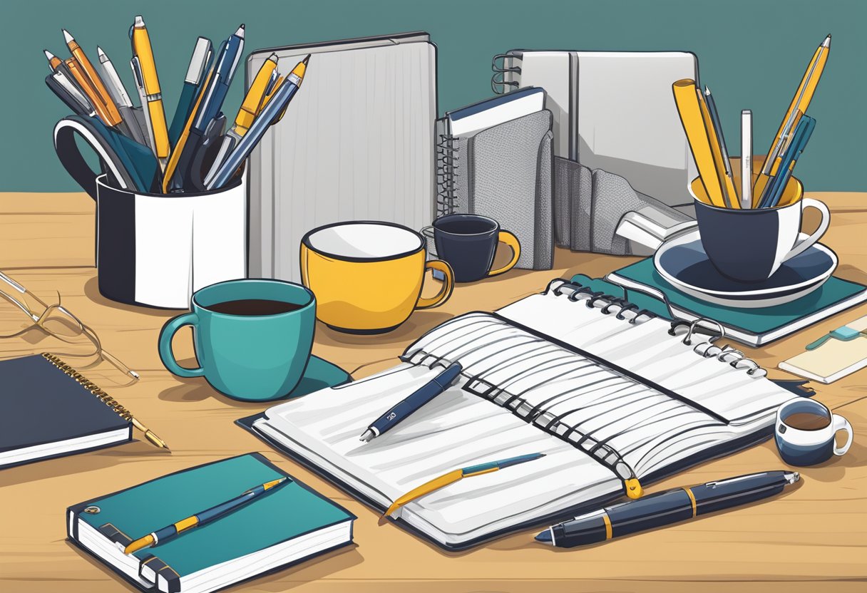 A table with various corporate gifts displayed, including branded pens, notebooks, and mugs, all priced under $3