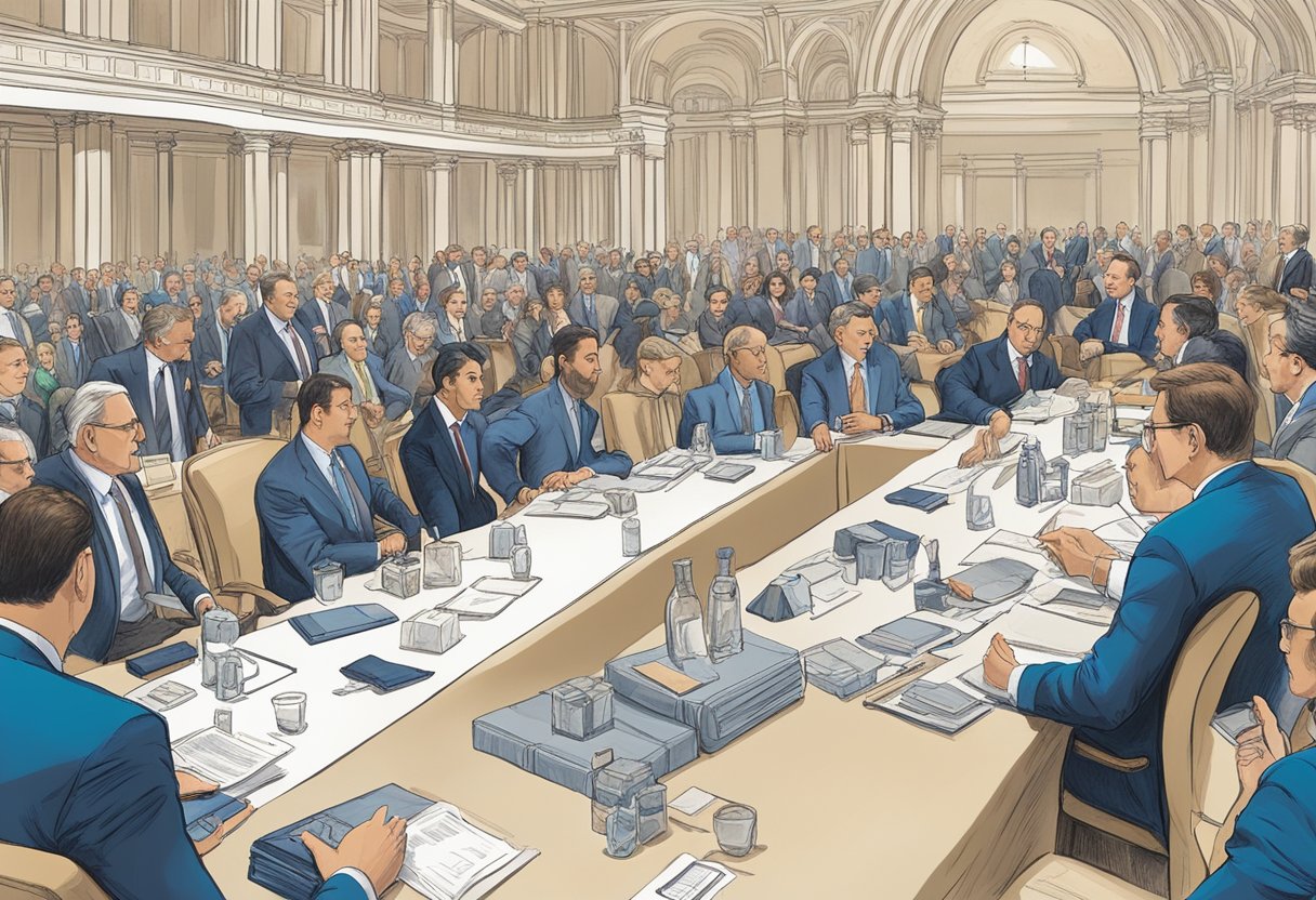 A table lined with elegant corporate gifts, surrounded by congress attendees asking questions