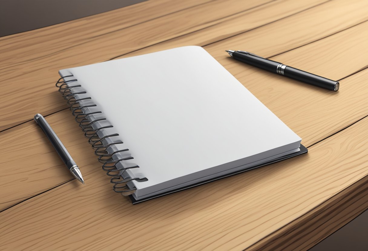 A custom A5 notebook lies open on a wooden desk, with a pen resting on its blank pages