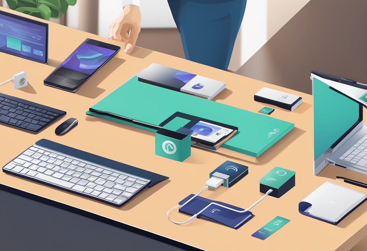 A hand reaches for a branded thumb drive on a sleek desk, surrounded by corporate gifts and branding materials